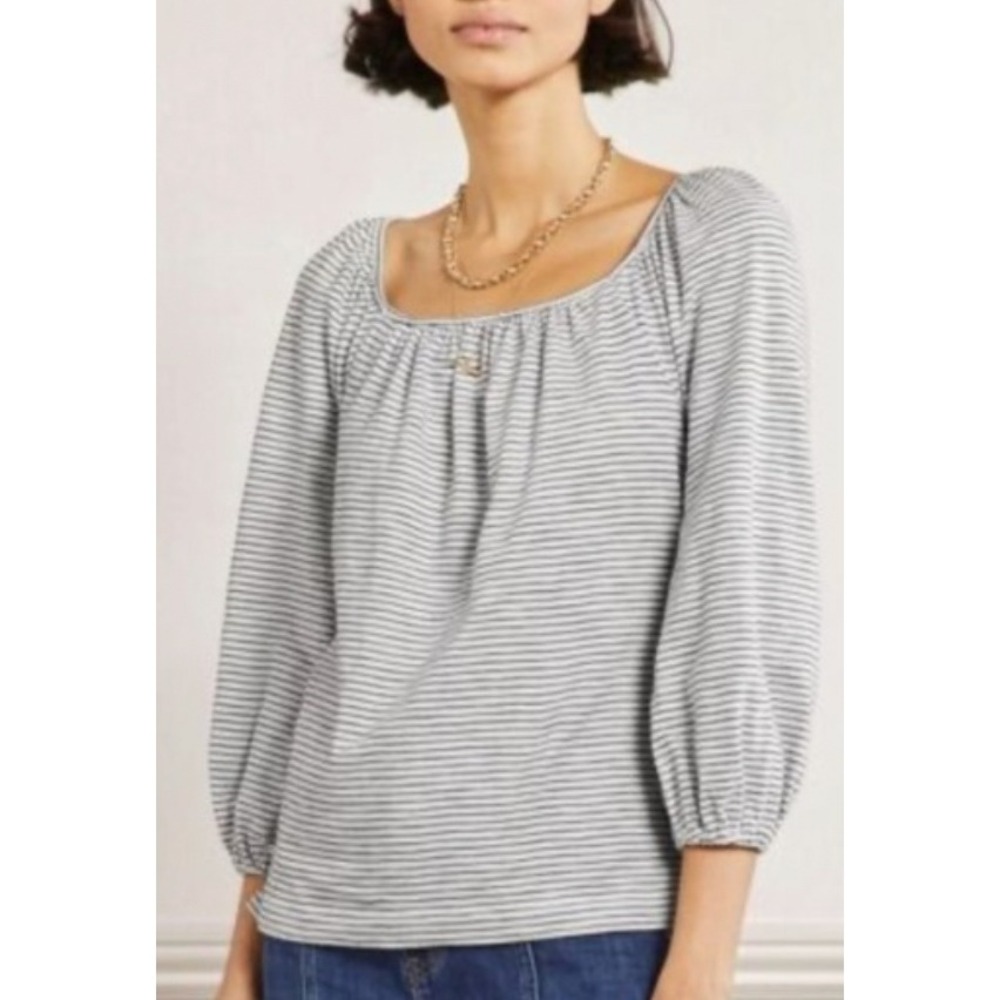 Boden Square Neck Smocked Blouse Black White Stripe Cottagecore Peasant Top Med